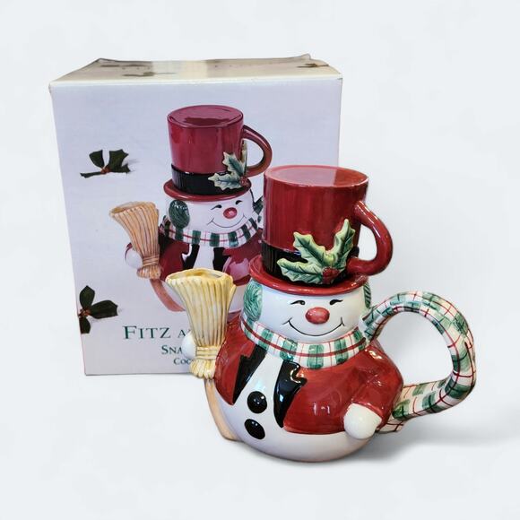 Fitz and Floyd Snowman Cocoa Pot and Cup Snack Therapy Cocoa Set Tea For One - Picture 1 of 11